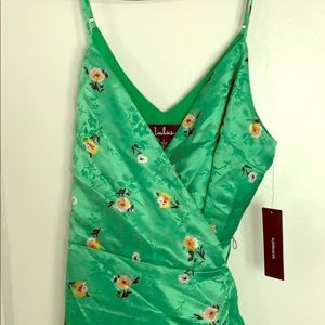 Green Floral Jacquard Satin High-Low Wrap Dress